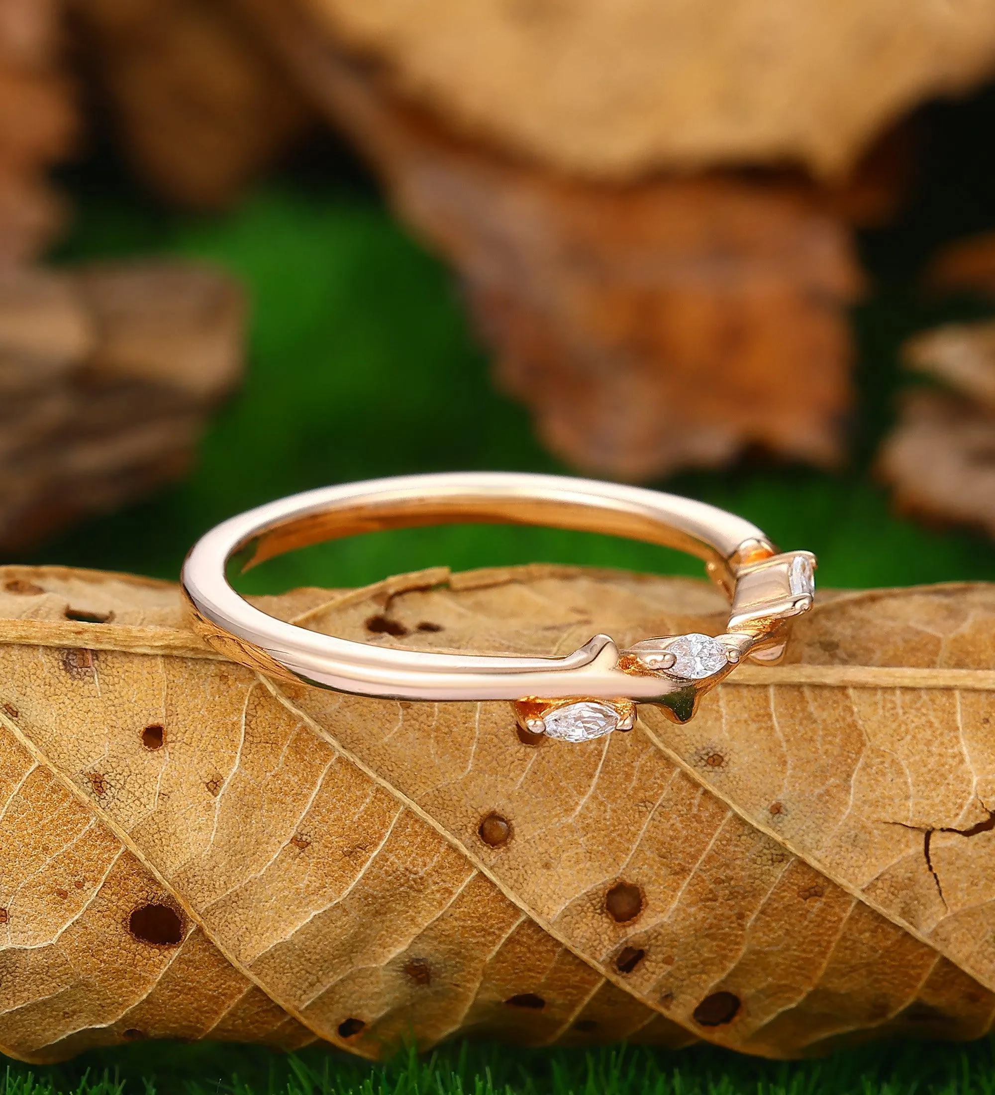 Curved V Shaped 0.09ct Moissanite 14k Gold Stacking Matching  Unique Leaf Wedding Band