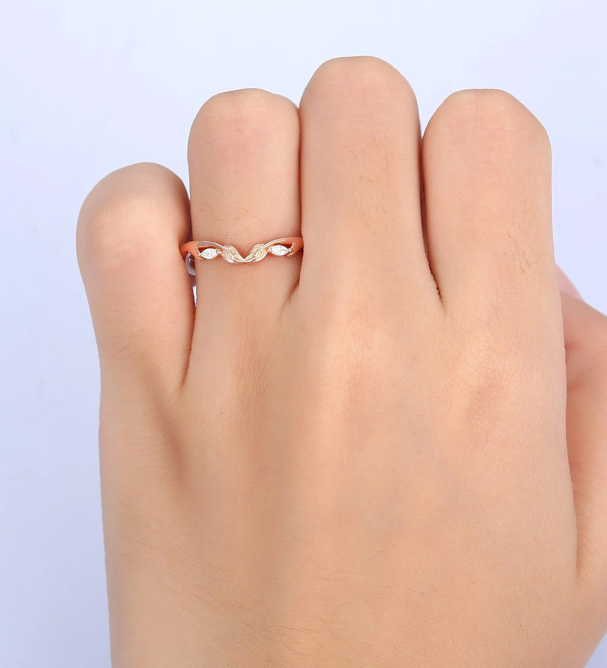 Curved V Shaped 0.09ct Moissanite 14k Gold Stacking Matching  Unique Leaf Wedding Band
