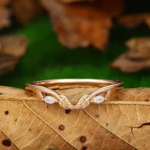 Curved V Shaped 0.09ct Moissanite 14k Gold Stacking Matching  Unique Leaf Wedding Band
