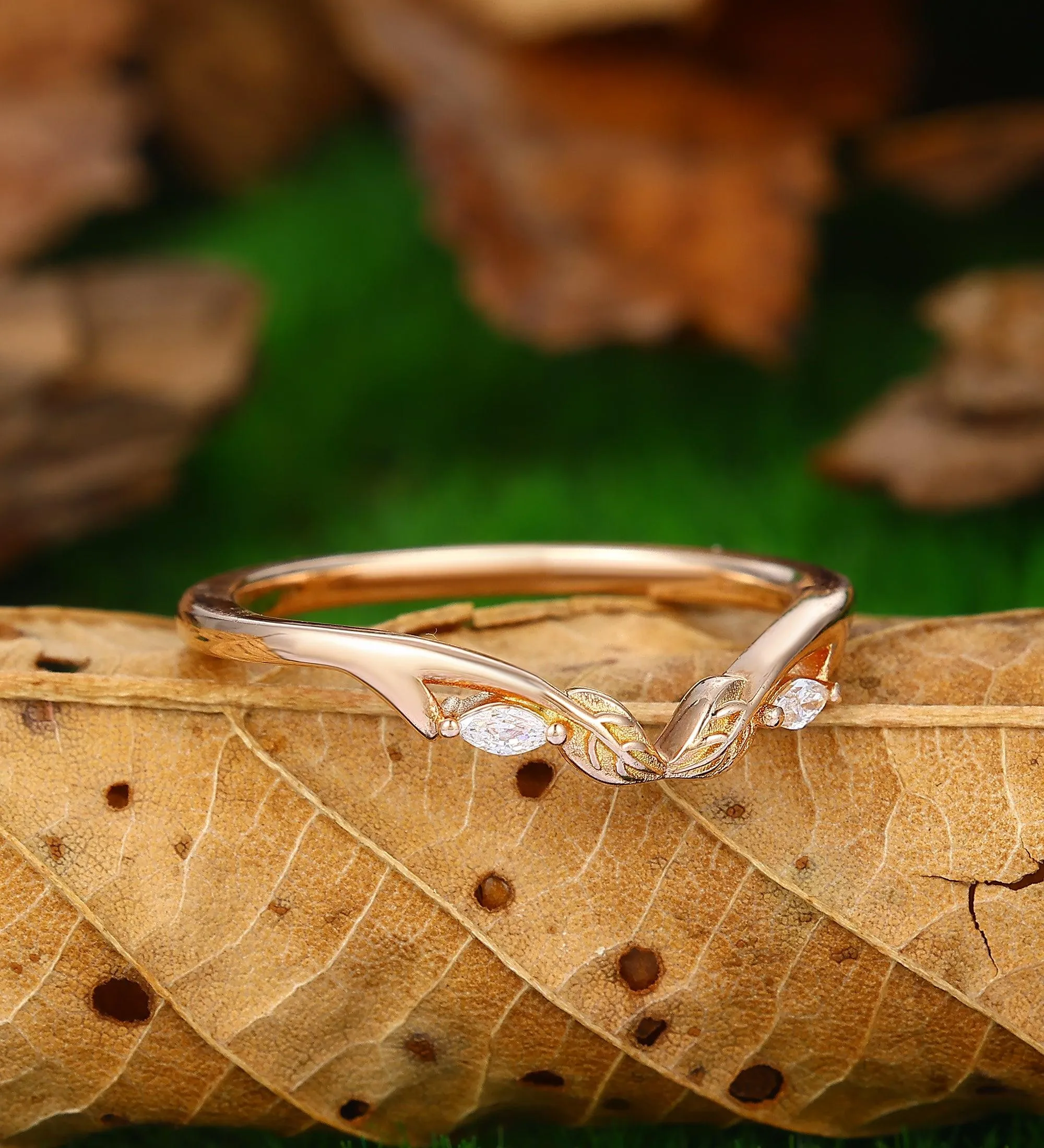 Curved V Shaped 0.09ct Moissanite 14k Gold Stacking Matching  Unique Leaf Wedding Band