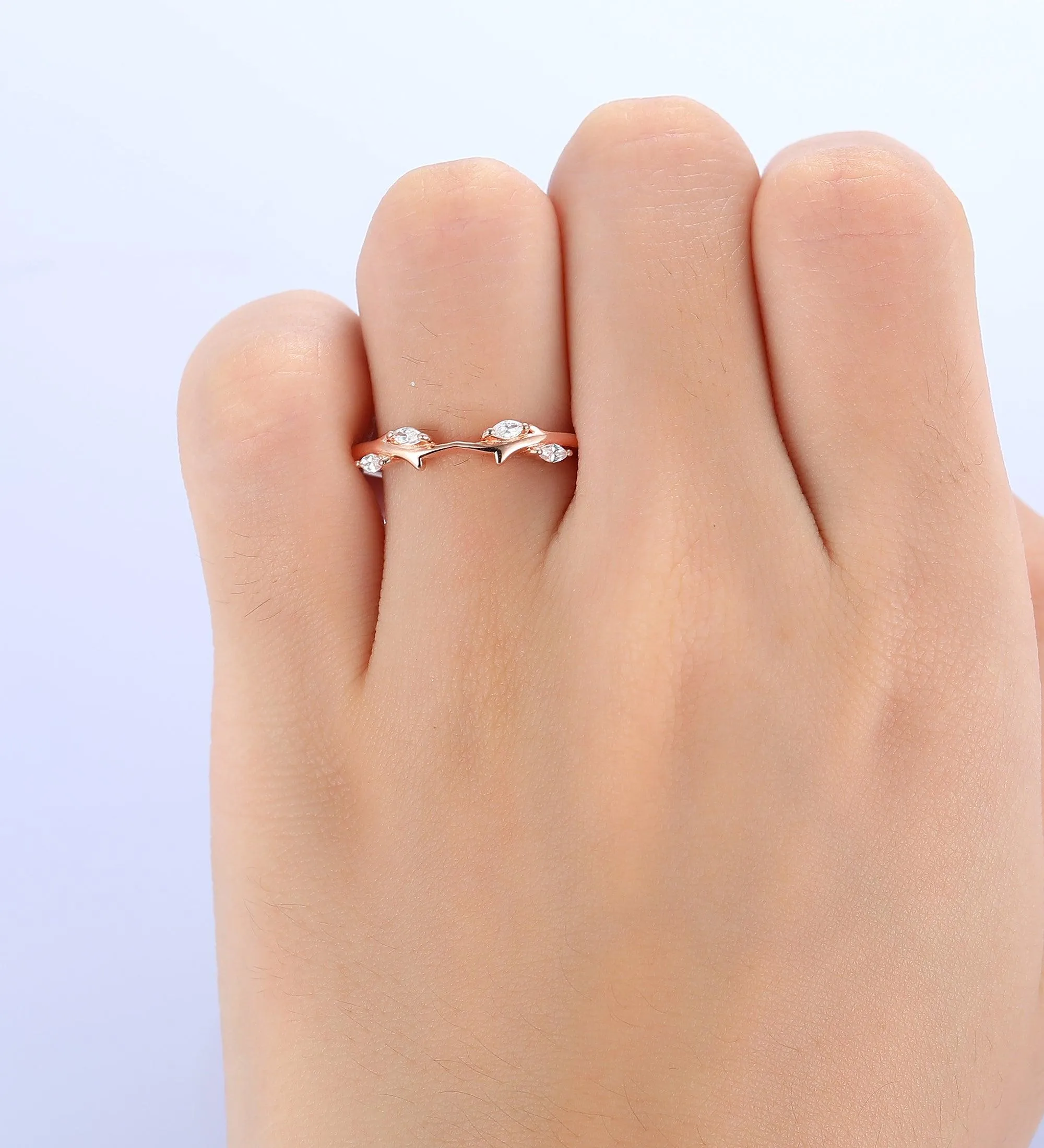 Curved V Shaped 0.09ct Moissanite 14k Gold Stacking Matching  Unique Leaf Wedding Band