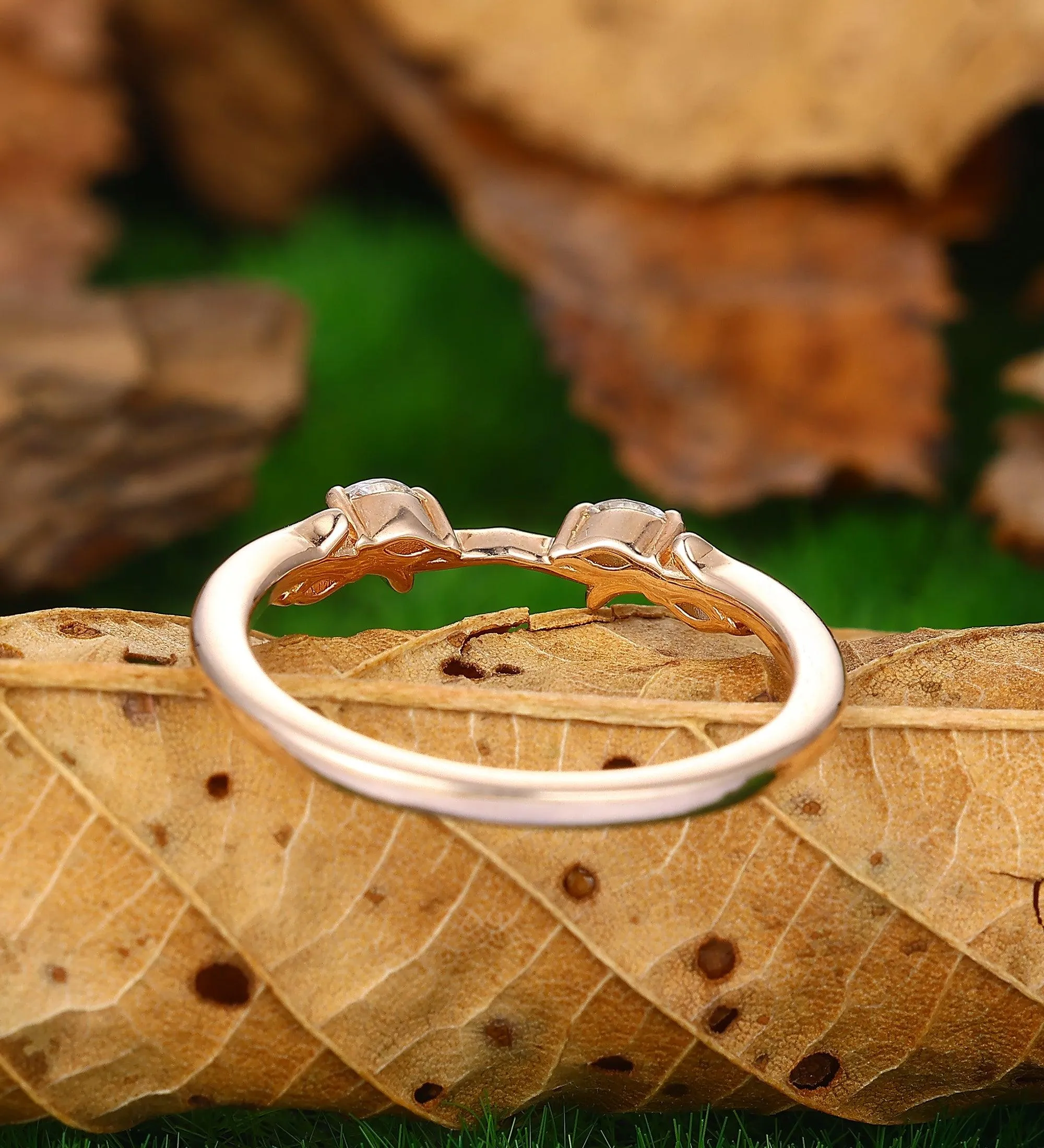 Curved V Shaped 0.09ct Moissanite 14k Gold Stacking Matching  Unique Leaf Wedding Band