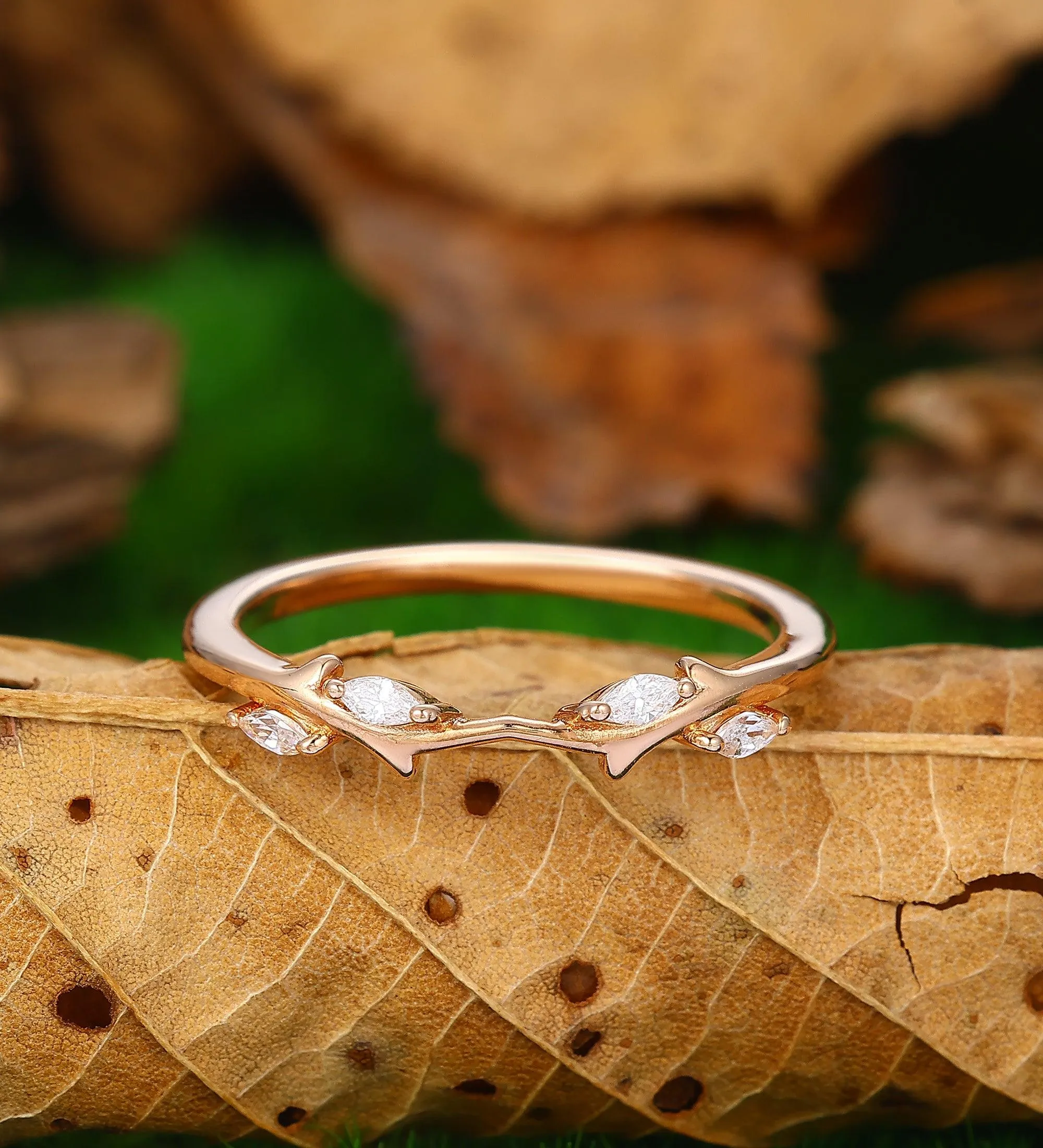 Curved V Shaped 0.09ct Moissanite 14k Gold Stacking Matching  Unique Leaf Wedding Band