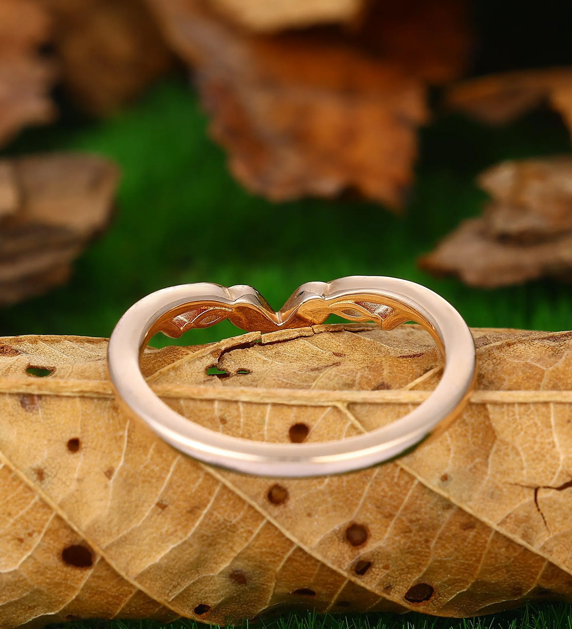 Curved V Shaped 0.09ct Moissanite 14k Gold Stacking Matching  Unique Leaf Wedding Band