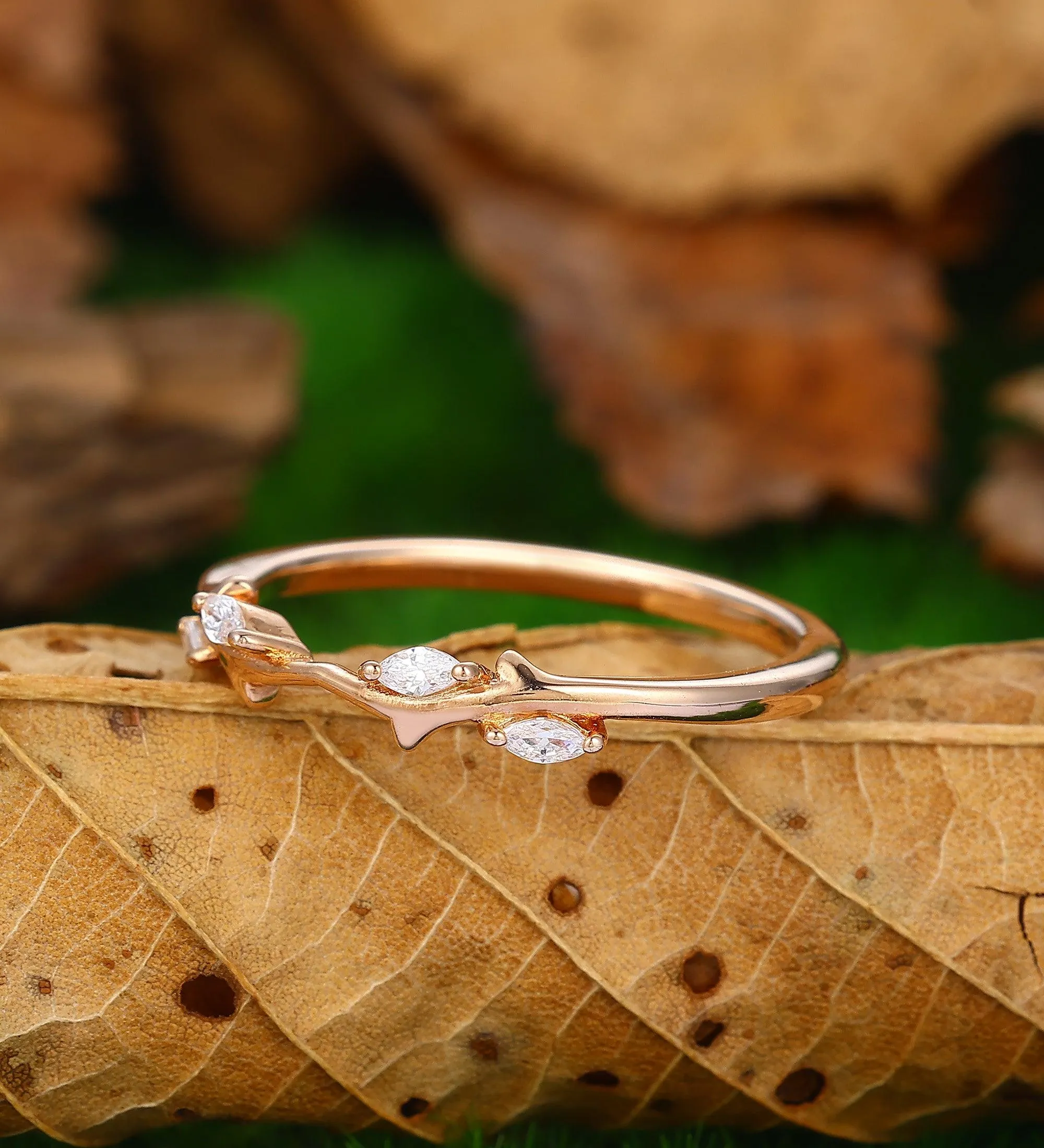 Curved V Shaped 0.09ct Moissanite 14k Gold Stacking Matching  Unique Leaf Wedding Band