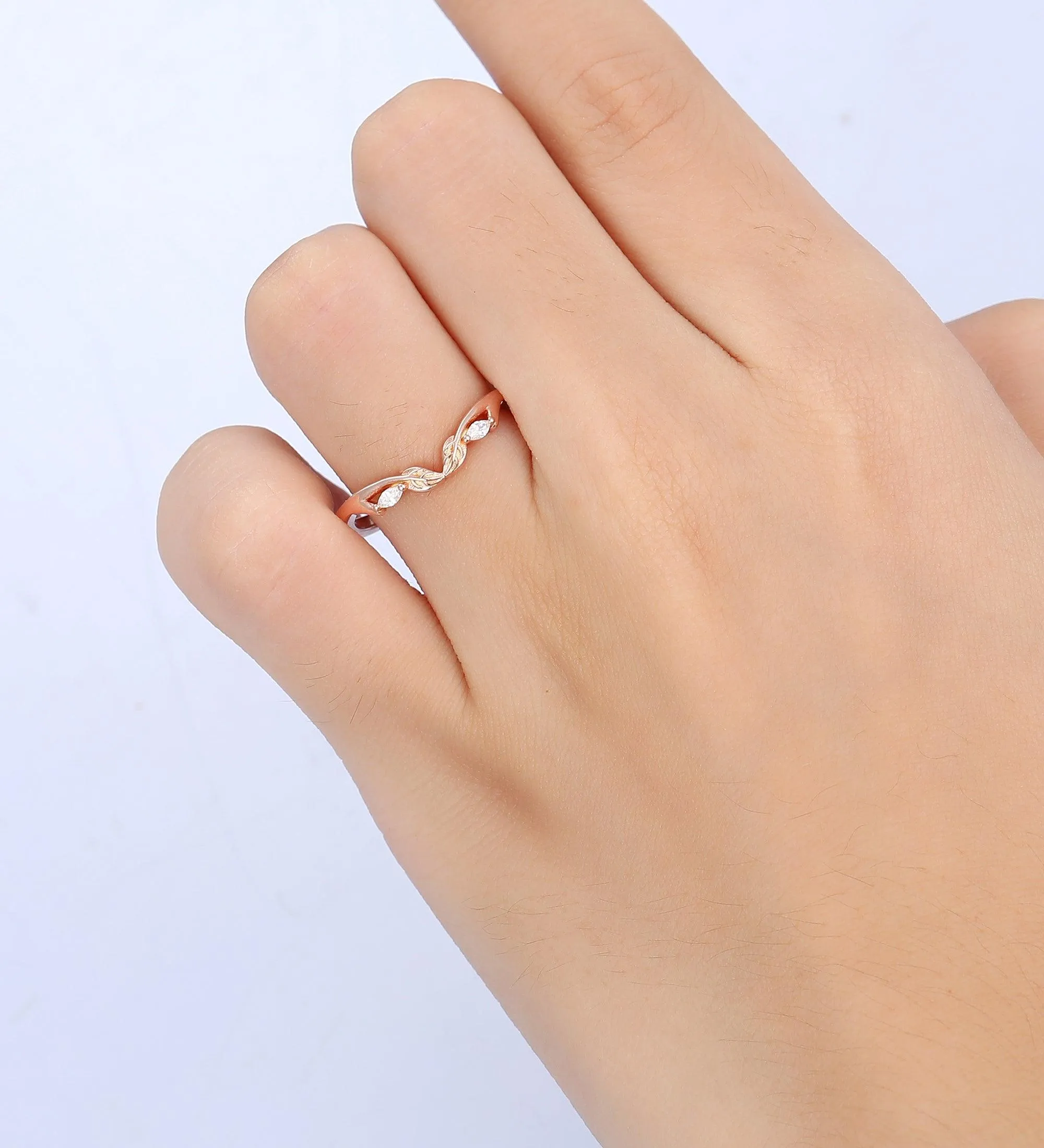 Curved V Shaped 0.09ct Moissanite 14k Gold Stacking Matching  Unique Leaf Wedding Band