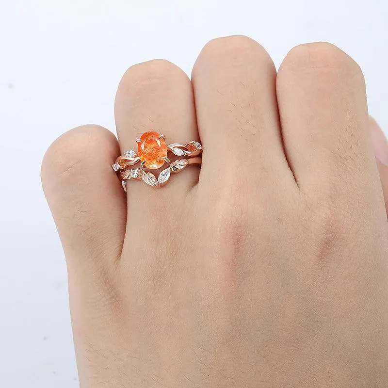 Dainty 1.5 CT Oval Shaped Natural Sunstone Ring Set  Rose Gold Leaf Twig Band