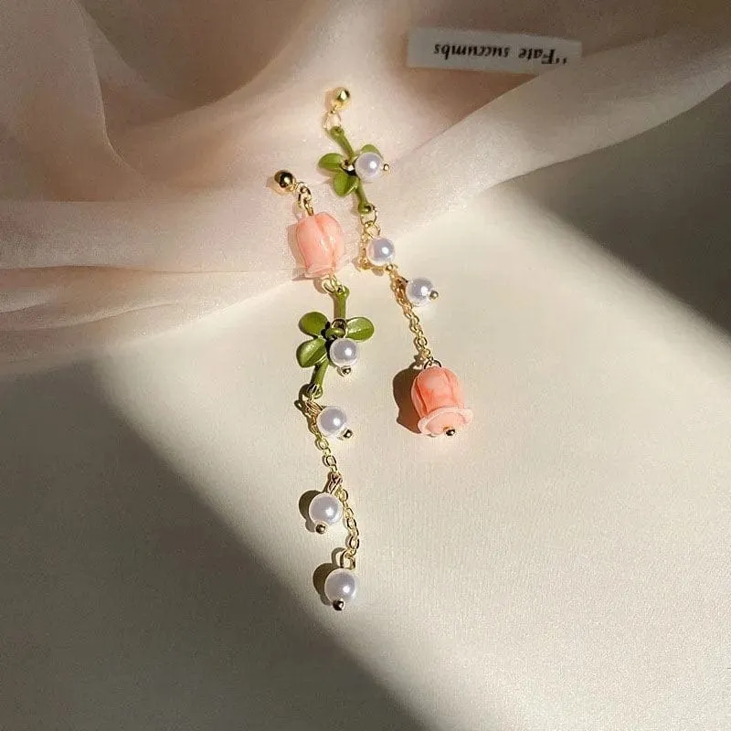 Dainty 24K Gold Filled Pink Tulip Crystal Pearl Chain Necklace Earrings Set