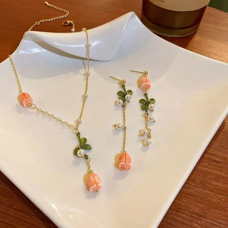 Dainty 24K Gold Filled Pink Tulip Crystal Pearl Chain Necklace Earrings Set