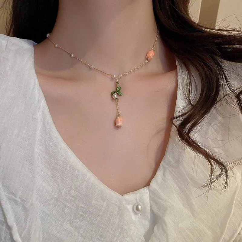 Dainty 24K Gold Filled Pink Tulip Crystal Pearl Chain Necklace Earrings Set