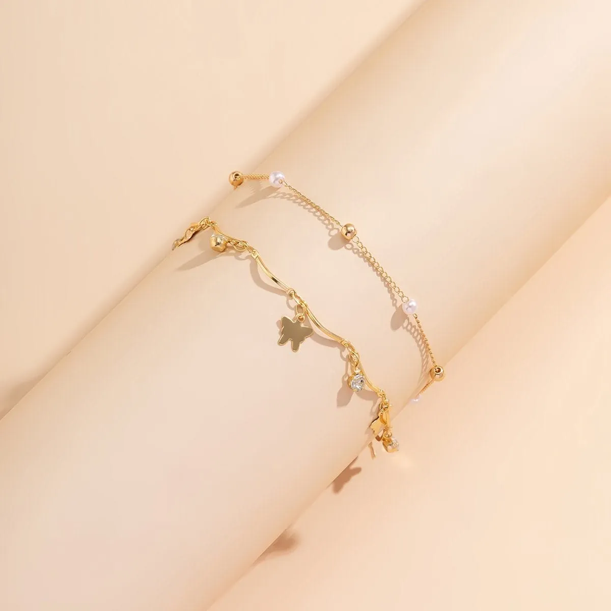 Dainty Crystal Pearl Charm Butterfly Tassel Stackable Anklet Set