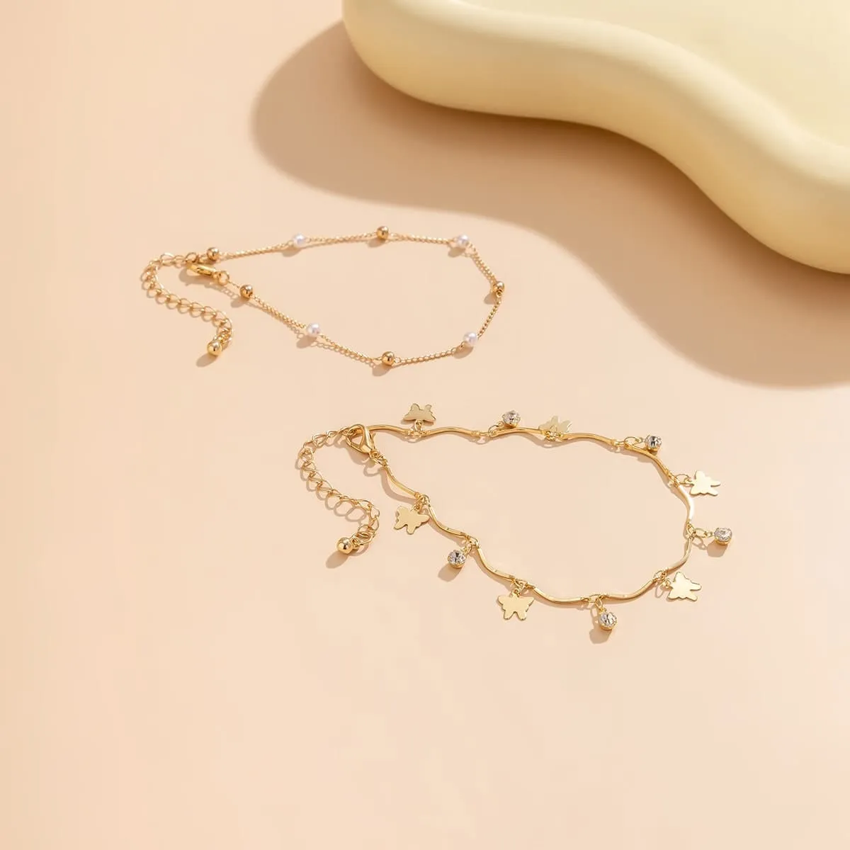 Dainty Crystal Pearl Charm Butterfly Tassel Stackable Anklet Set