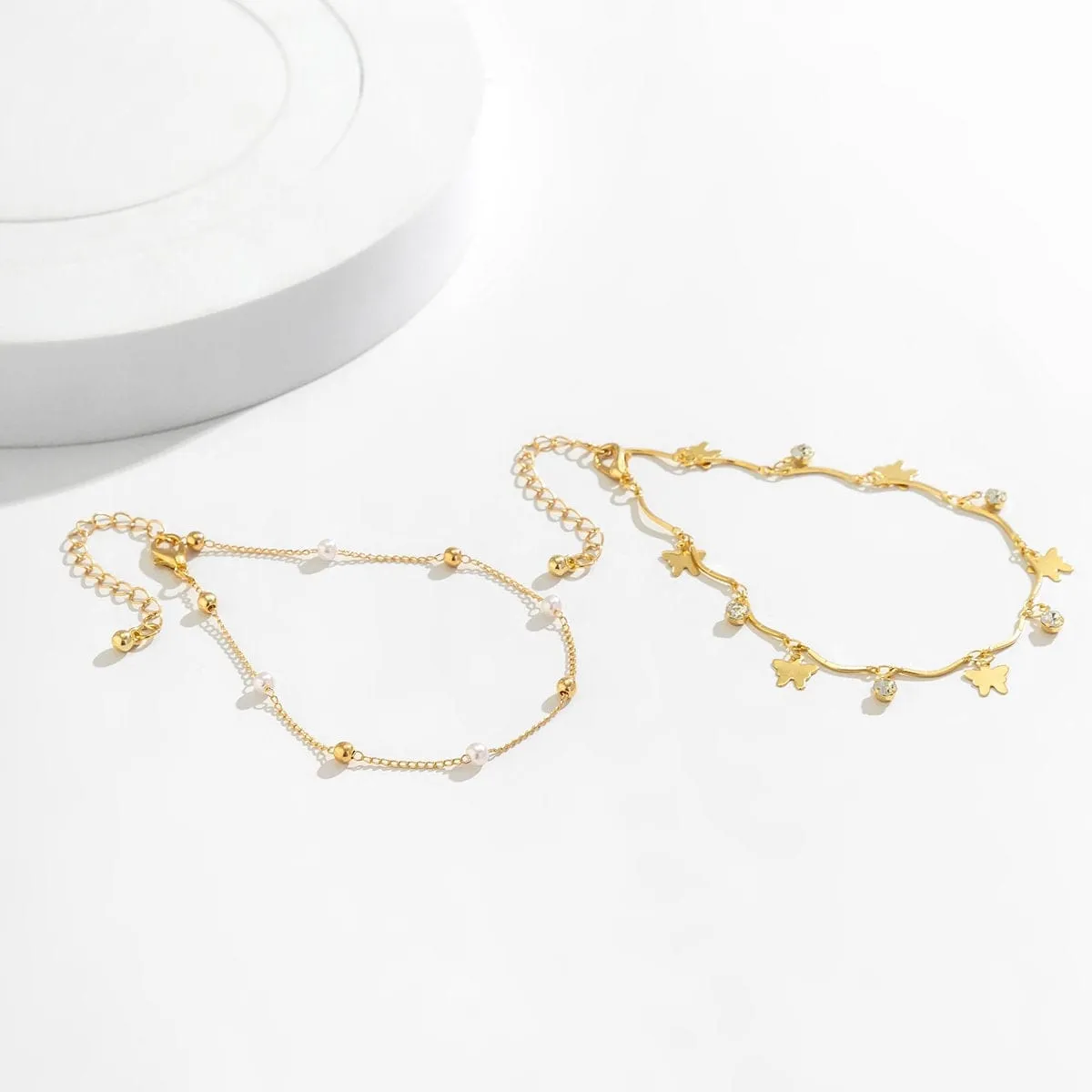 Dainty Crystal Pearl Charm Butterfly Tassel Stackable Anklet Set
