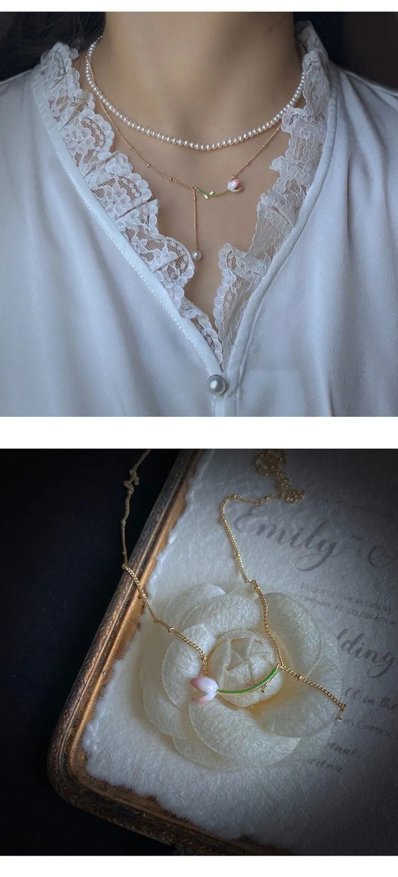 Dainty Enamel Tulip Pearl Charm Rolo Chain Necklace