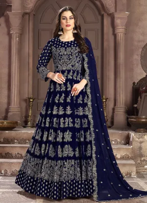 Dark Blue Embroidered Wedding Anarkali Suit