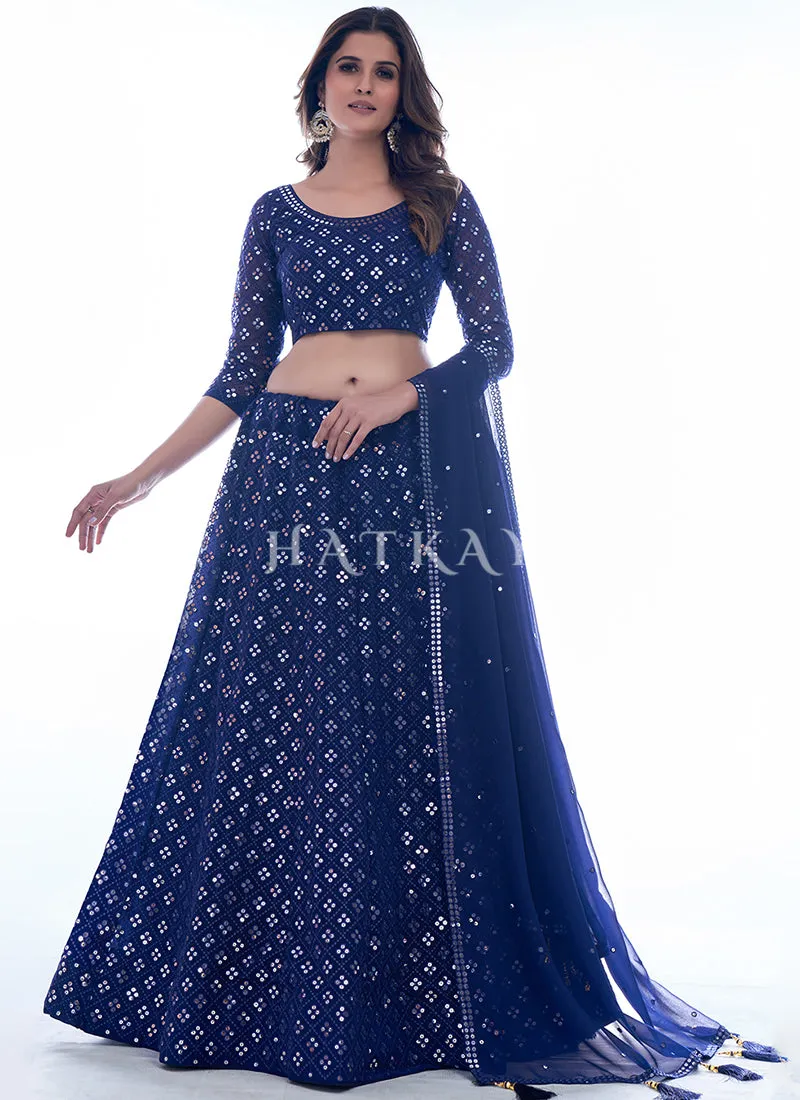 Dark Blue Sequence Embroidery Wedding Lehenga Choli