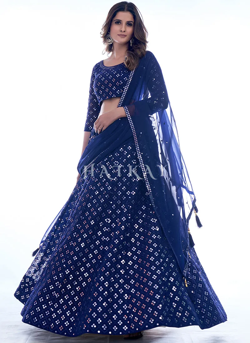 Dark Blue Sequence Embroidery Wedding Lehenga Choli