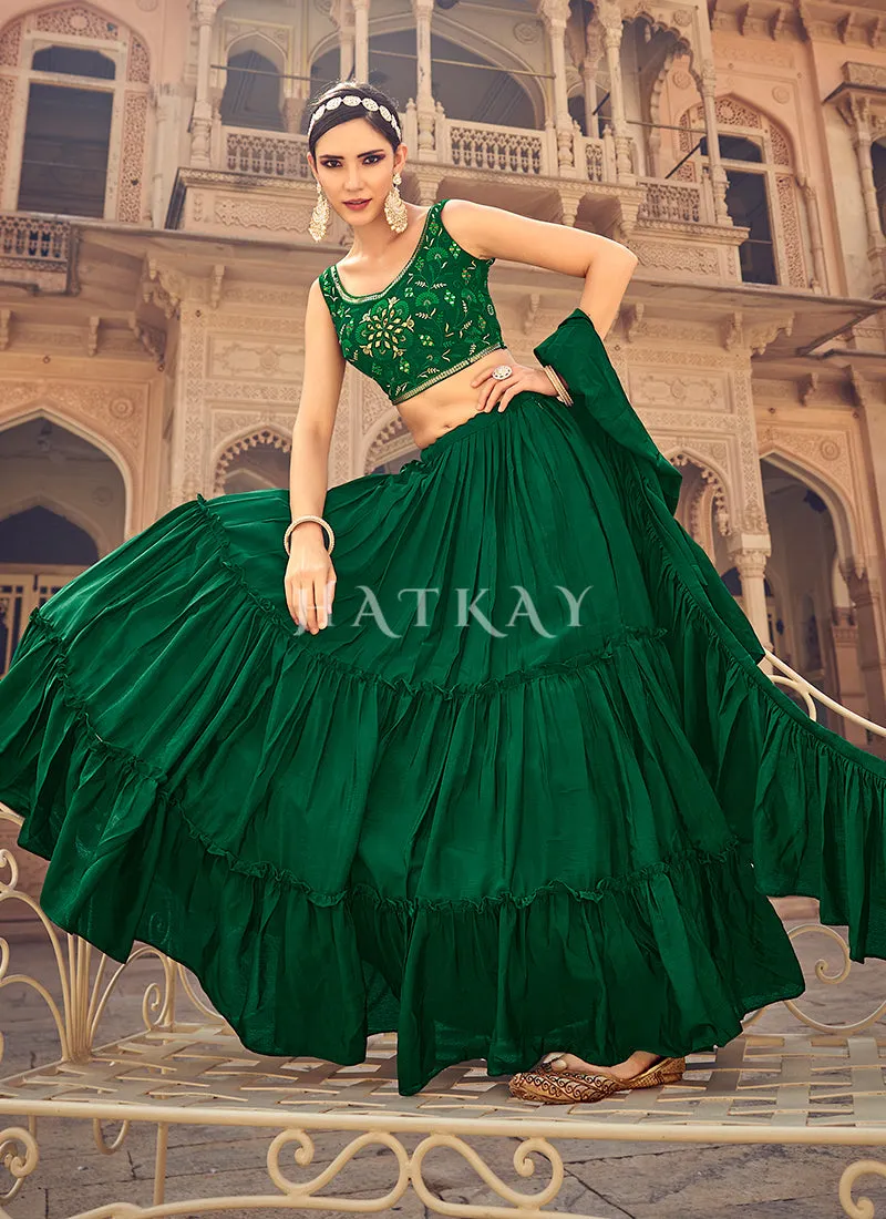 Dark Green Mirror Work Embroidered Festive Lehenga Choli