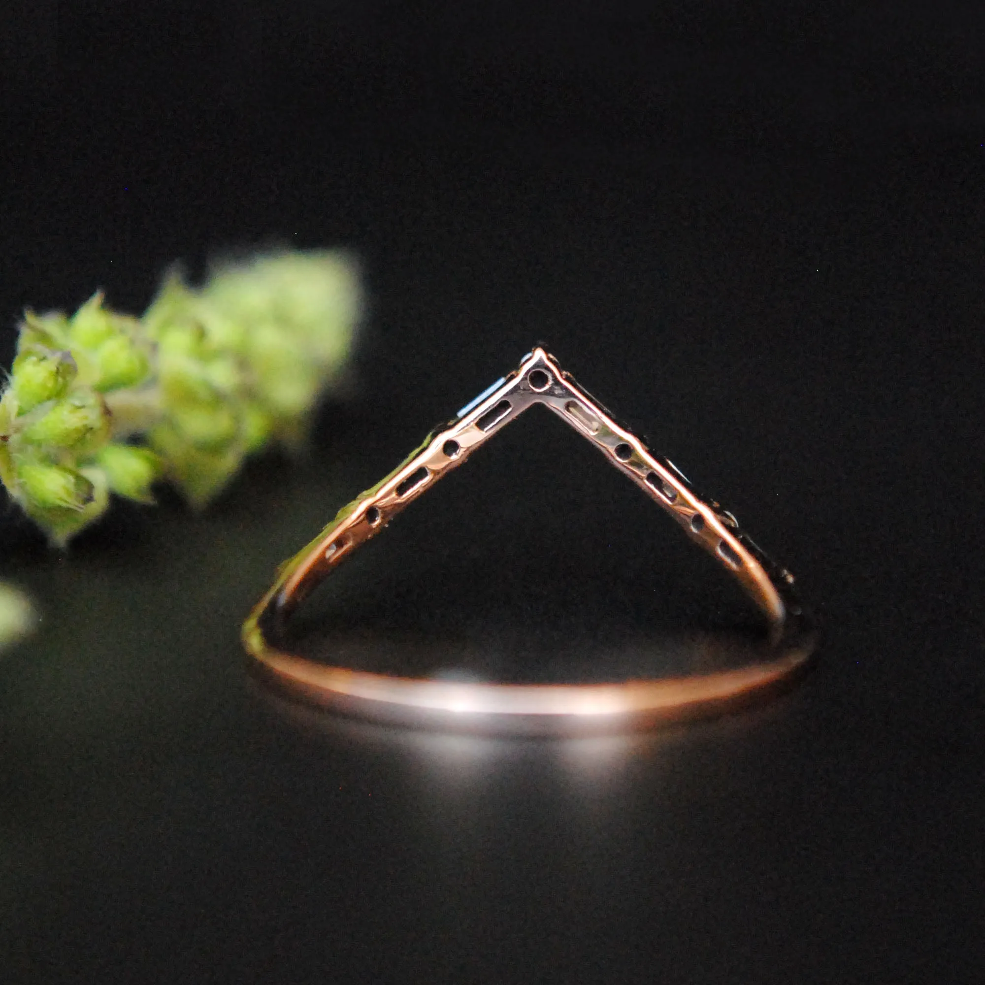 Deep Chevron V Ring with Baguette and Round Diamonds