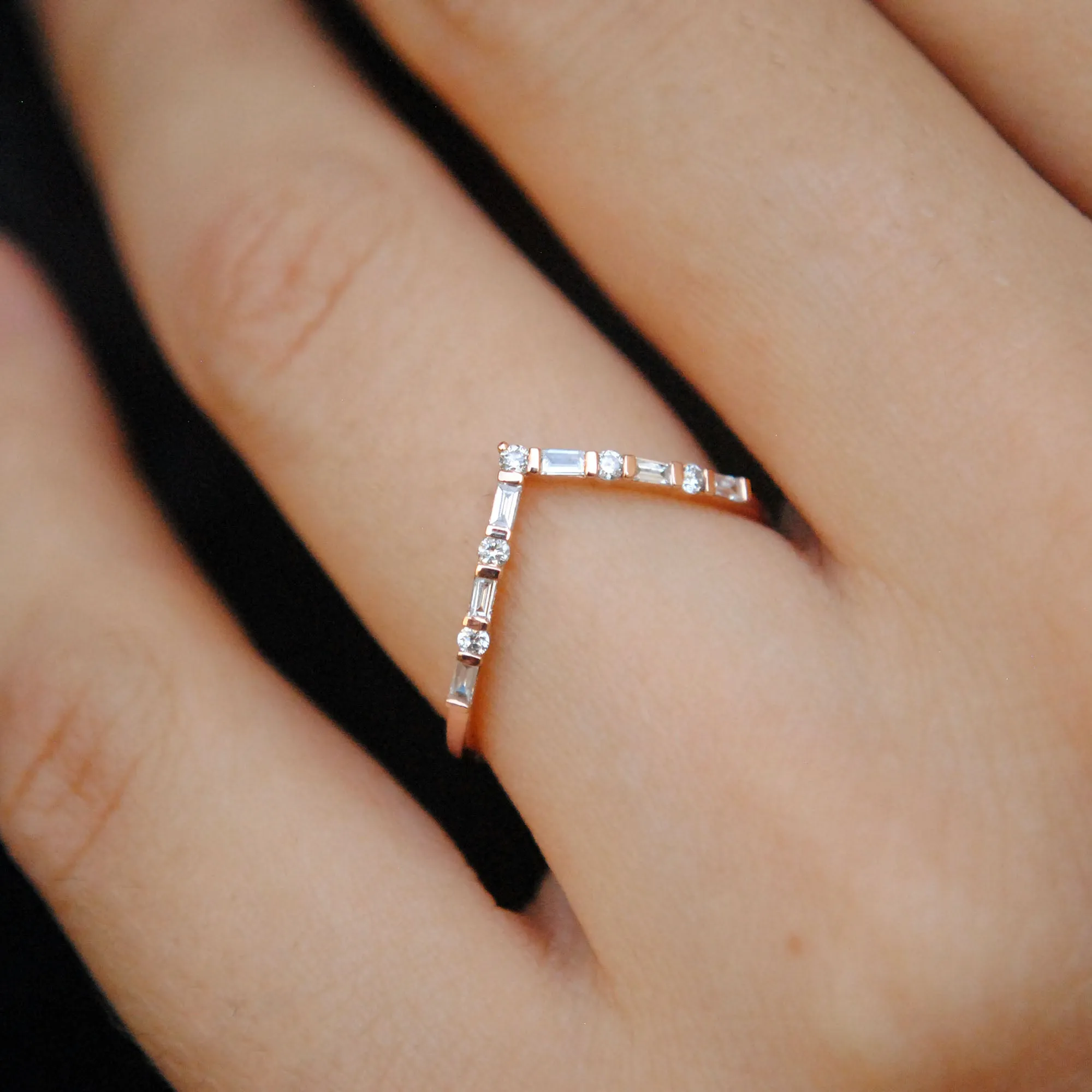 Deep Chevron V Ring with Baguette and Round Diamonds