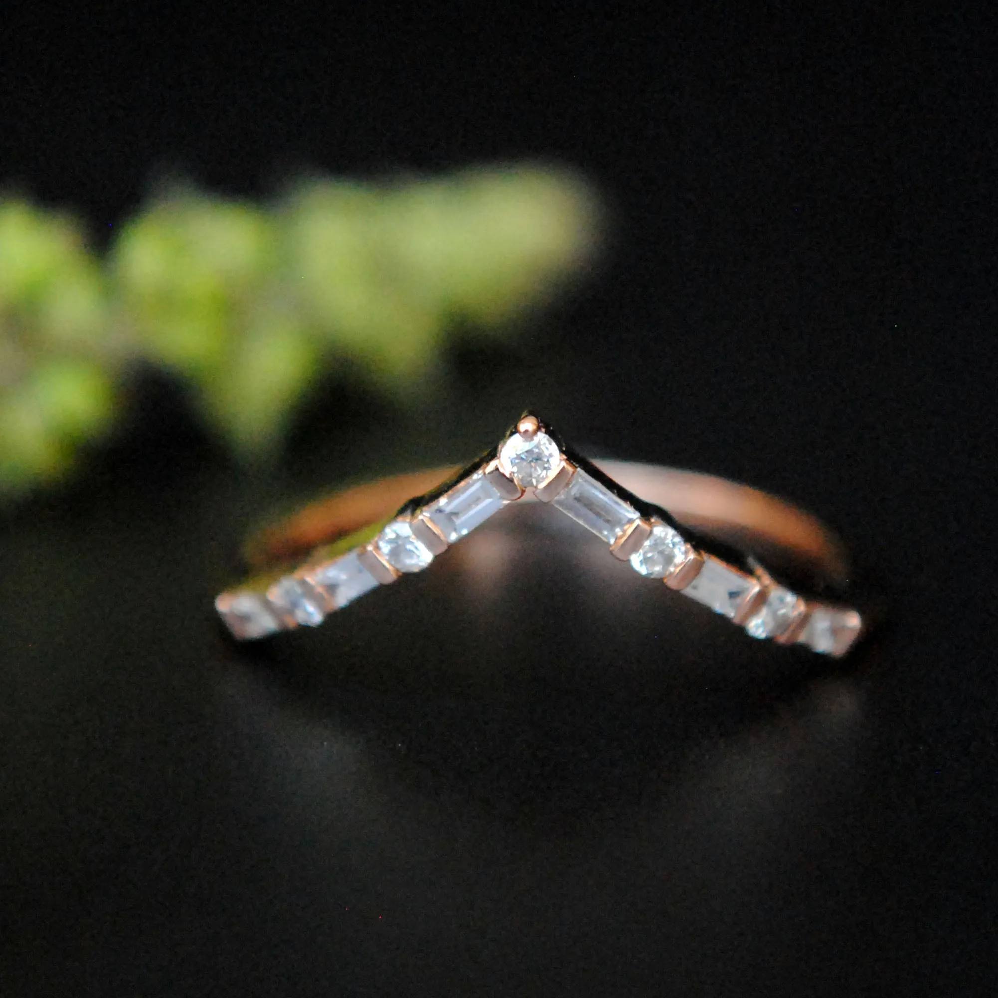 Deep Chevron V Ring with Baguette and Round Diamonds