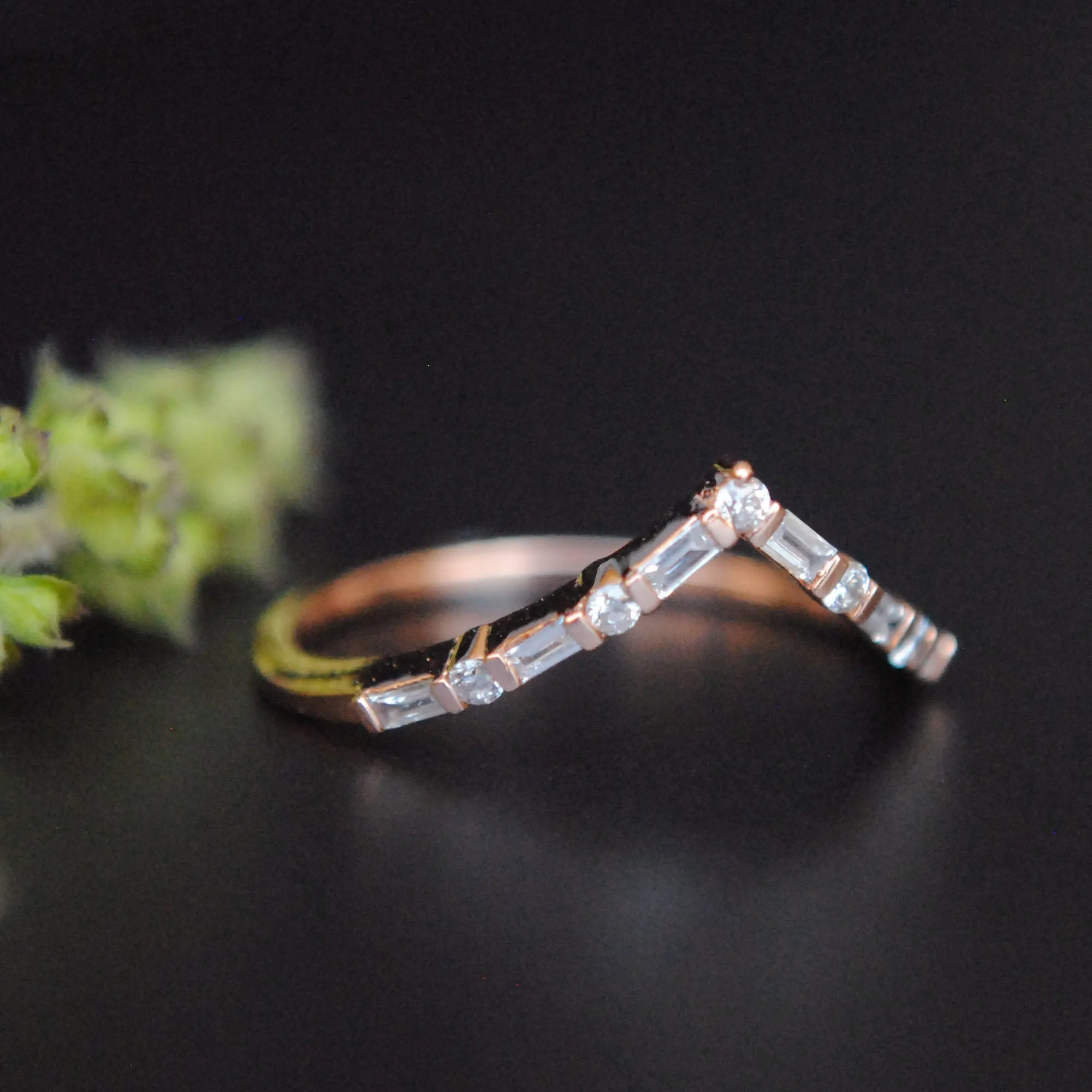 Deep Chevron V Ring with Baguette and Round Diamonds