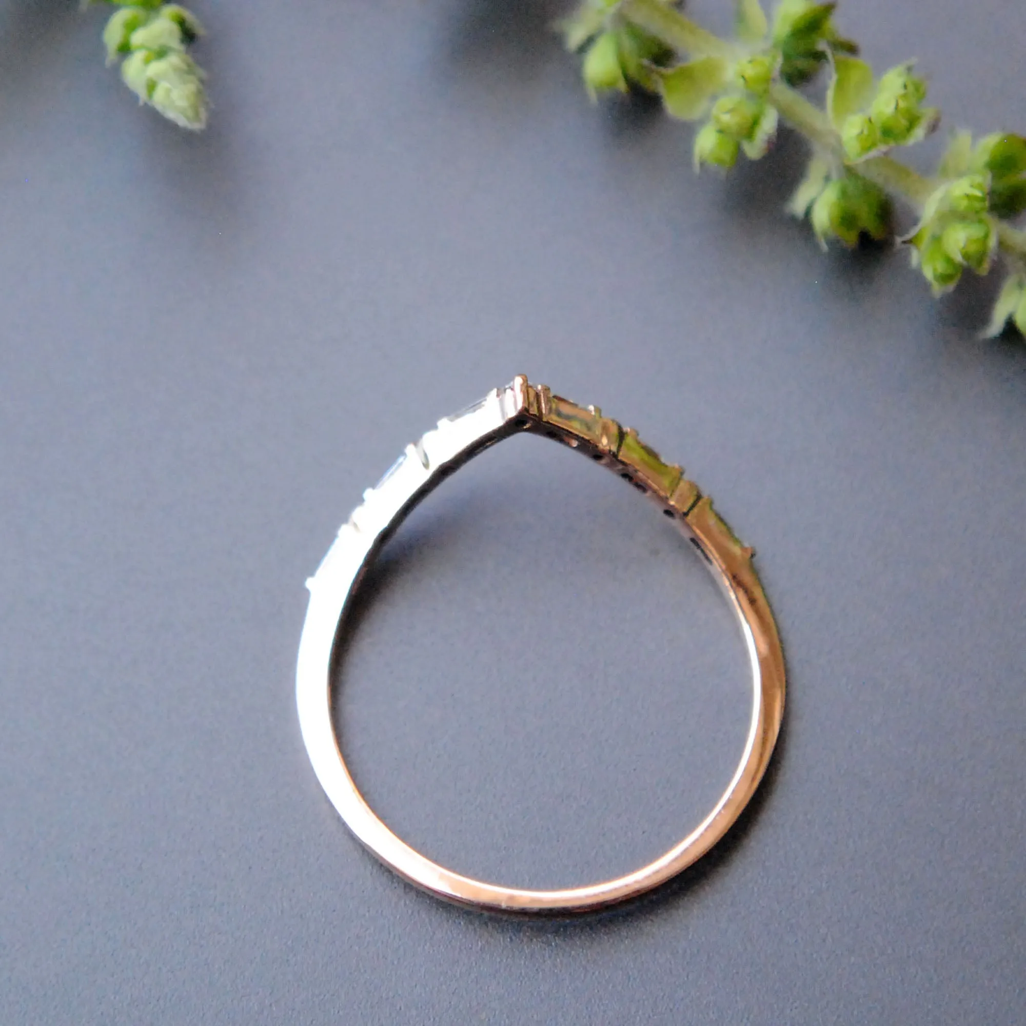 Deep Chevron V Ring with Baguette and Round Diamonds