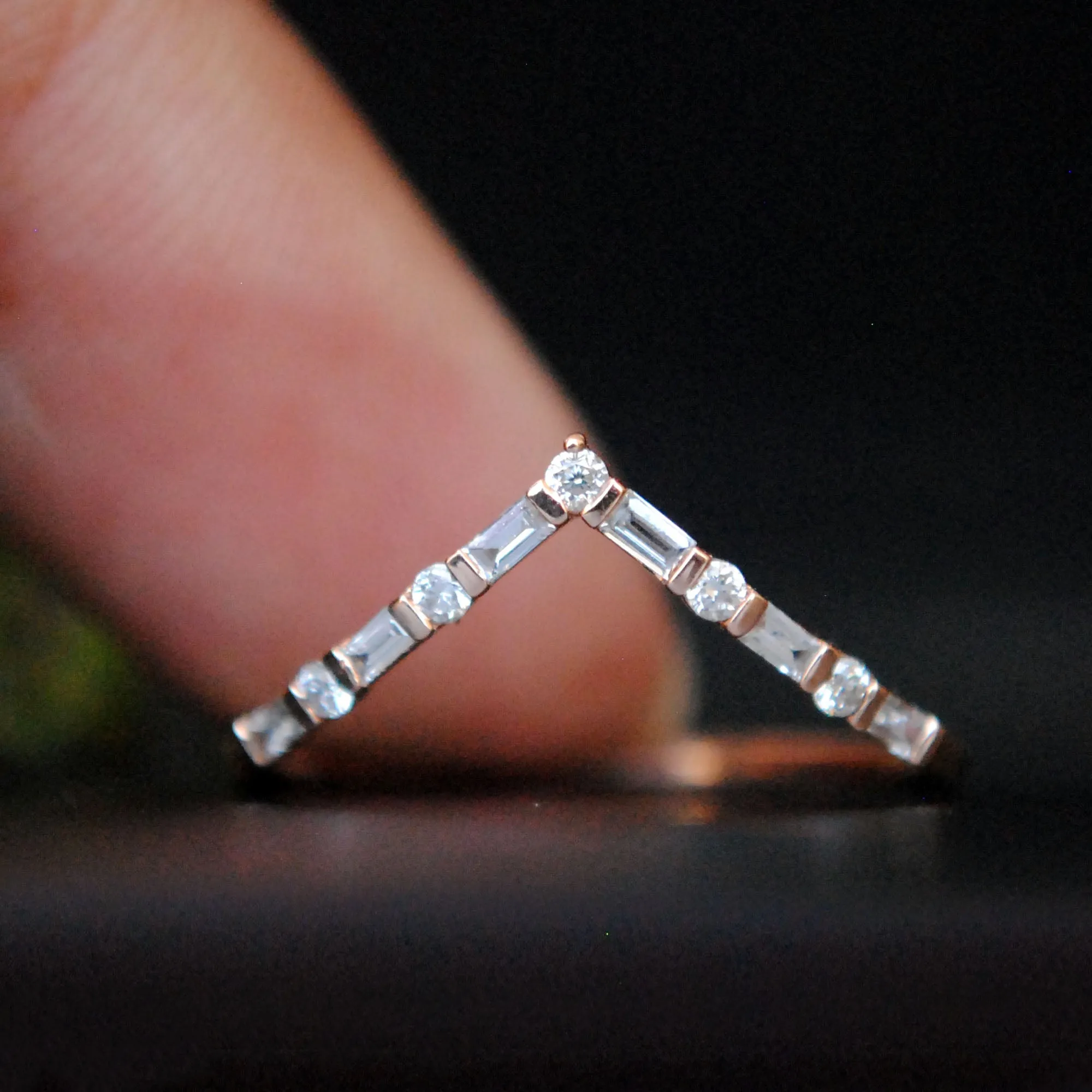 Deep Chevron V Ring with Baguette and Round Diamonds