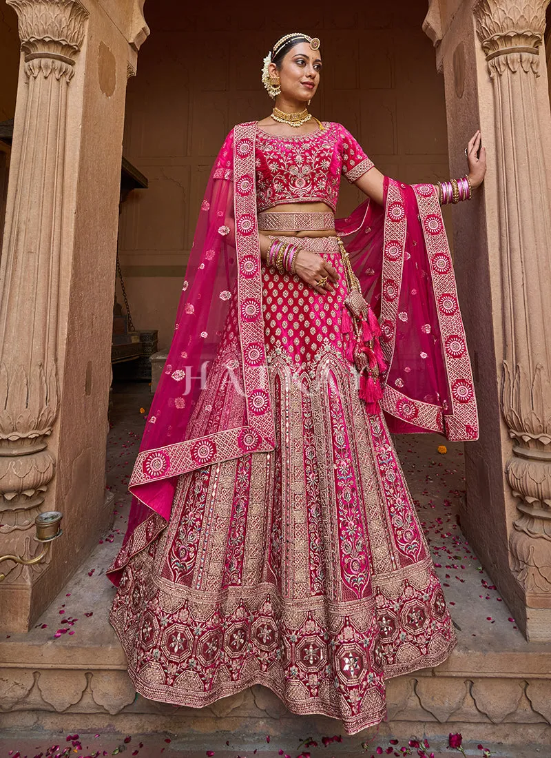 Deep Pink Velvet Designer Bridal Lehenga Choli
