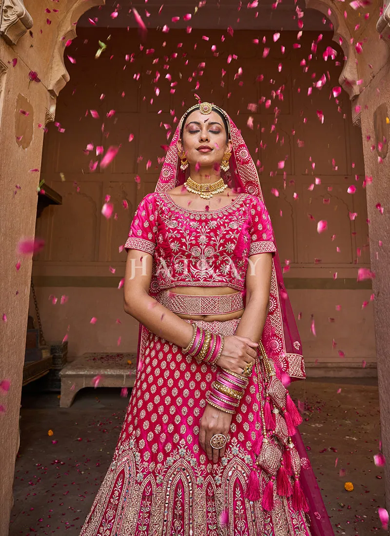 Deep Pink Velvet Designer Bridal Lehenga Choli