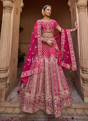 Deep Pink Velvet Designer Bridal Lehenga Choli