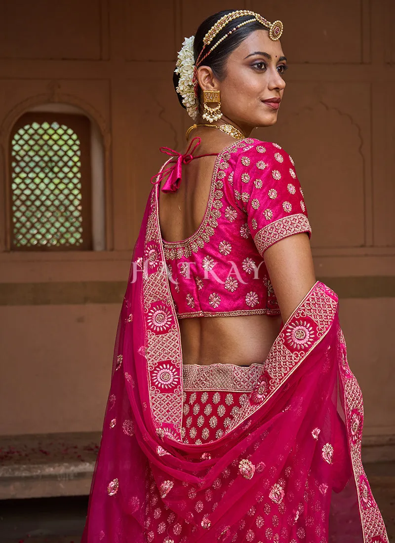 Deep Pink Velvet Designer Bridal Lehenga Choli