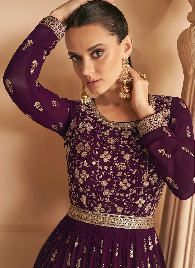 Deep Wine Sequence Embroidery Wedding Anarkali Gown