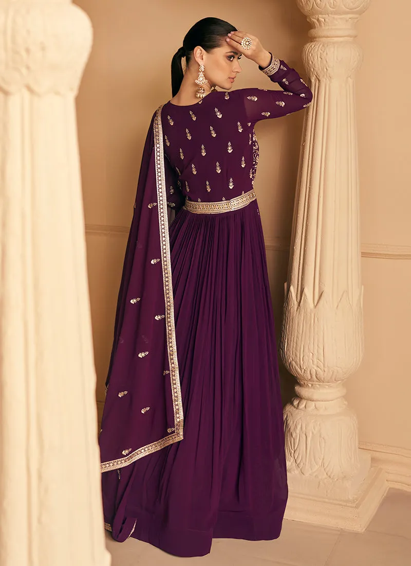 Deep Wine Sequence Embroidery Wedding Anarkali Gown