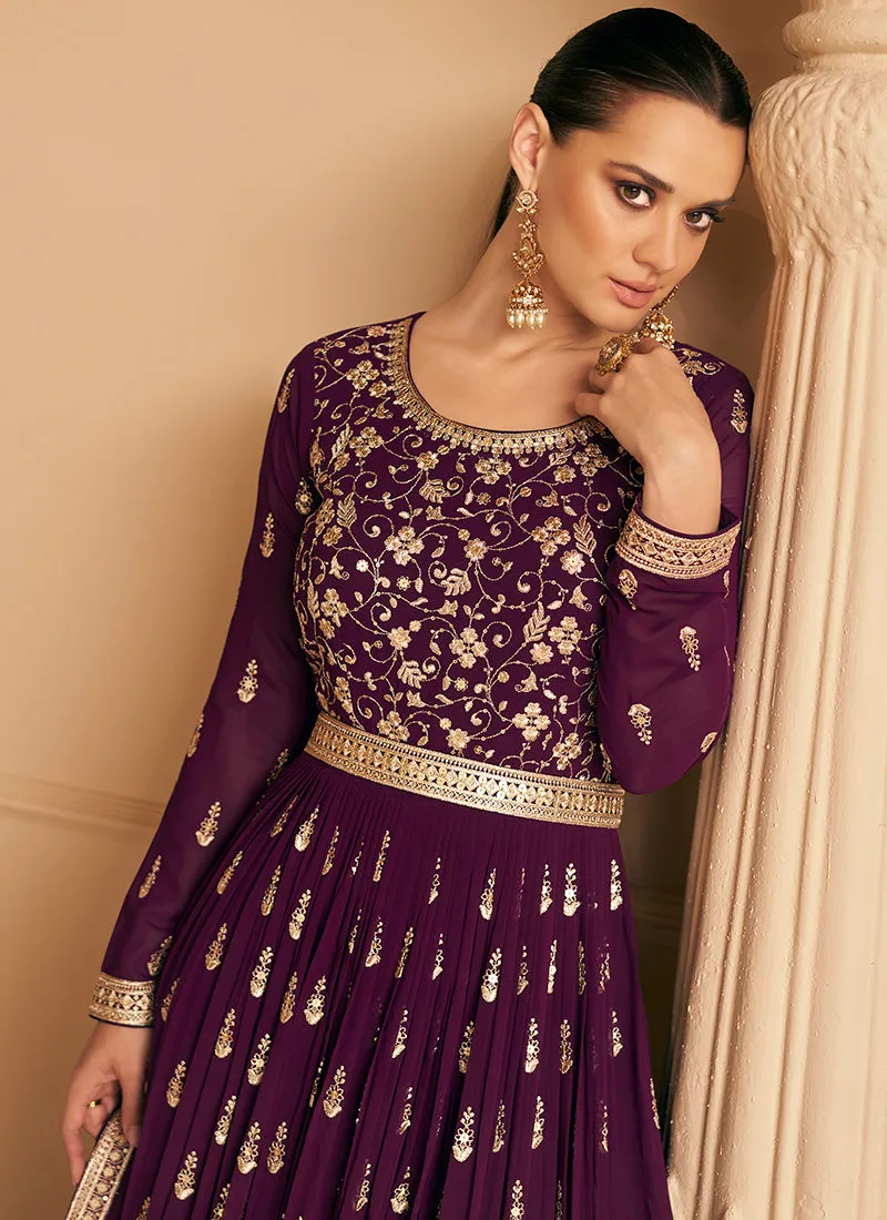 Deep Wine Sequence Embroidery Wedding Anarkali Gown