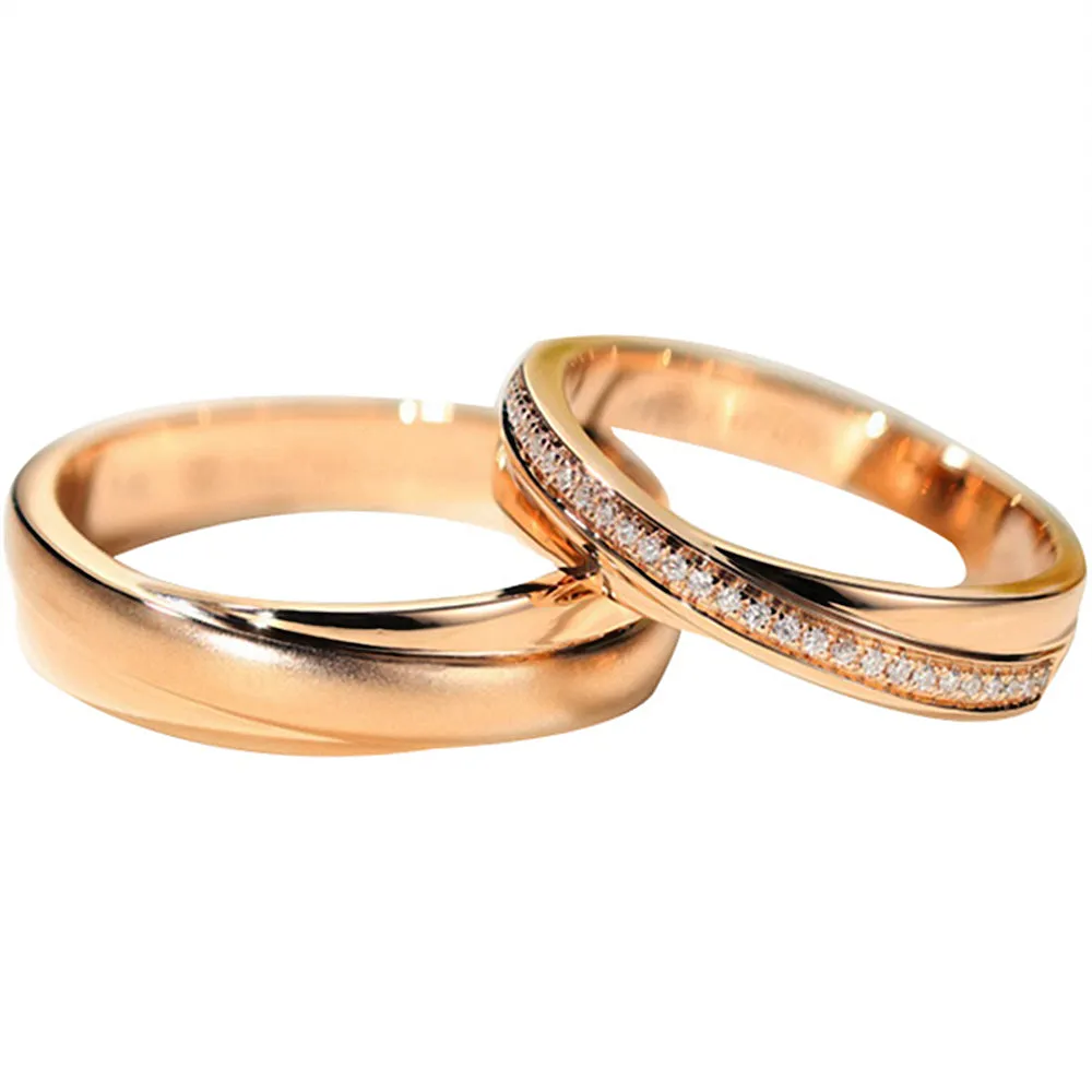 Diamond Criss-Cross Overlay Matching Couple Wedding Rings