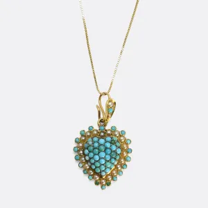 Edwardian Turquoise & Pearl Heart Locket Pendant
