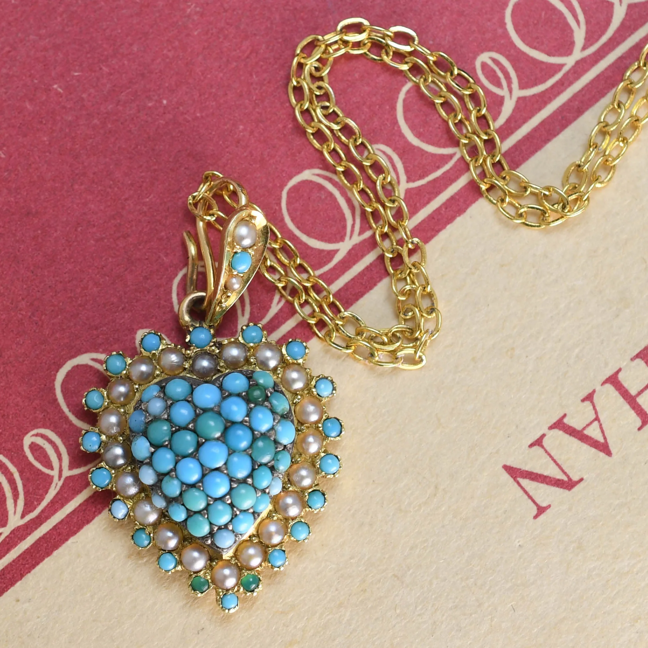 Edwardian Turquoise & Pearl Heart Locket Pendant