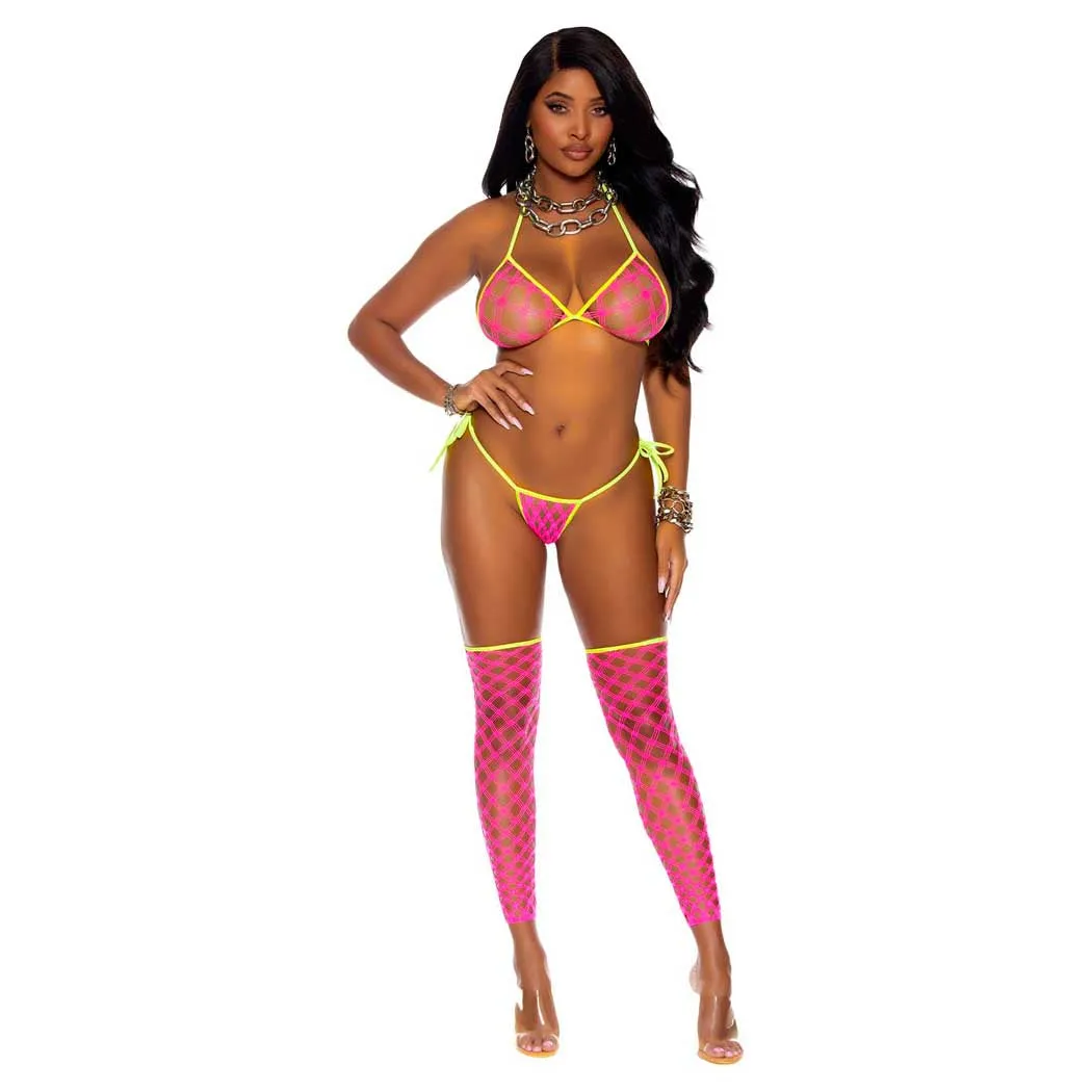 Elegant Moments Striped String Bra Top, G-String and Footless Thigh Highs 3-Piece Set