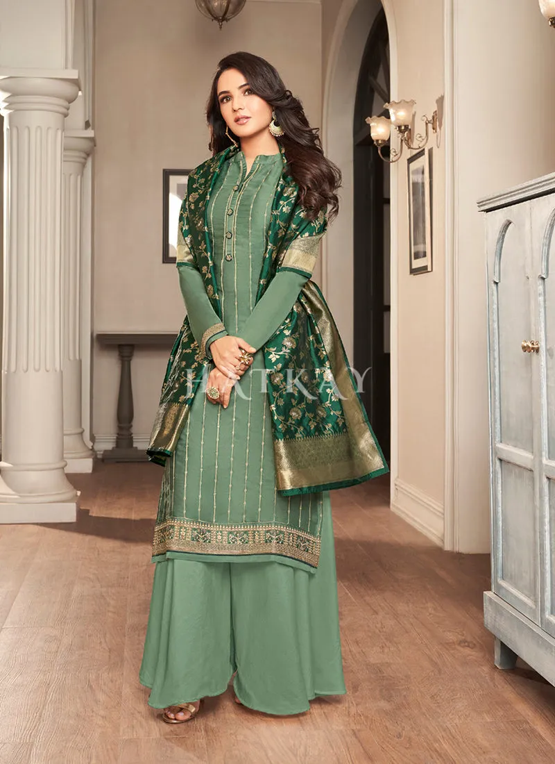 Emerald Green Embroidered Traditional Palazzo Suit