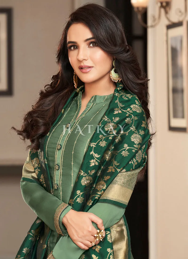 Emerald Green Embroidered Traditional Palazzo Suit