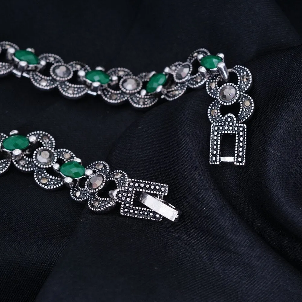 Ethnic Bohemian Green Stones Bracelet Silver Woman Jewelry