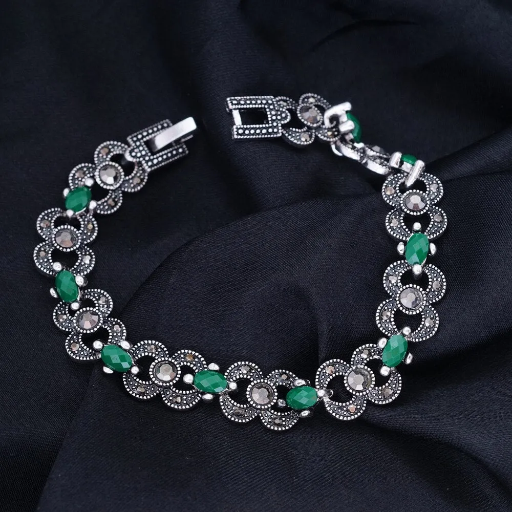 Ethnic Bohemian Green Stones Bracelet Silver Woman Jewelry