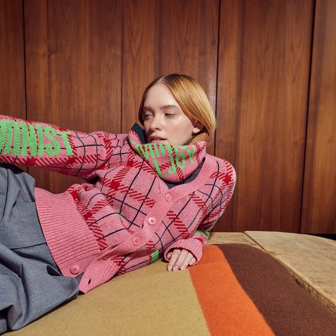 Feminist Killjoy Lambswool Cardigan in French Rose & Neon Green