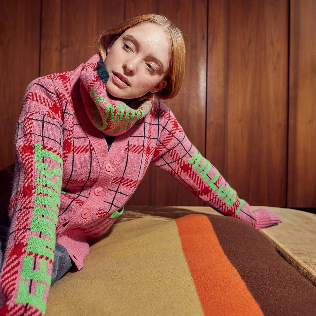 Feminist Killjoy Lambswool Cardigan in French Rose & Neon Green