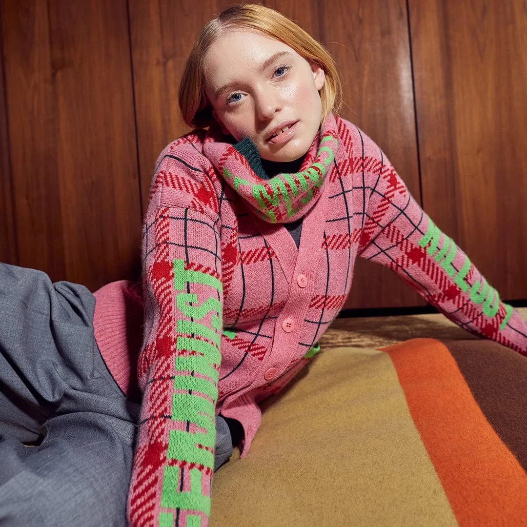 Feminist Killjoy Lambswool Cardigan in French Rose & Neon Green