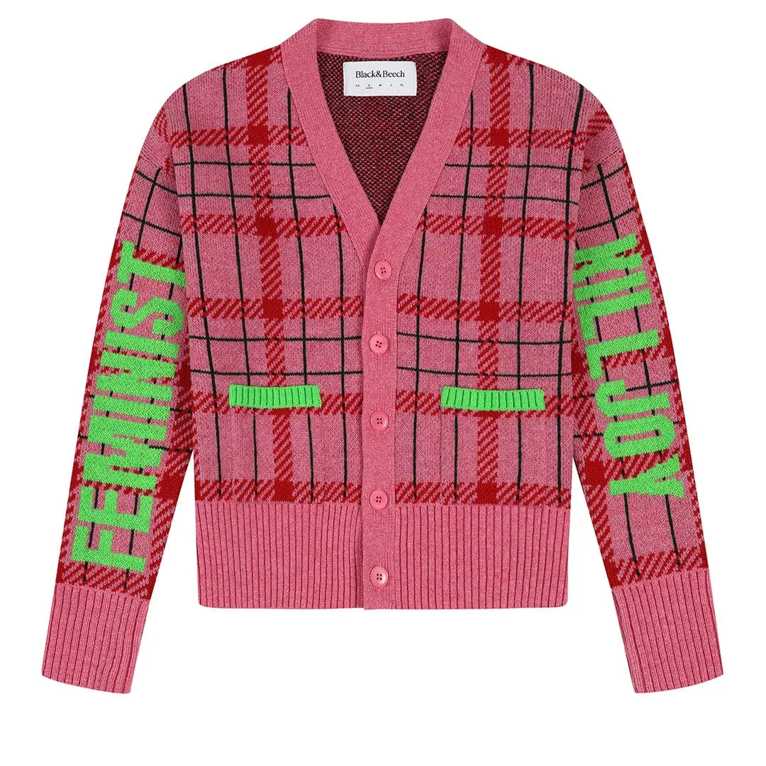 Feminist Killjoy Lambswool Cardigan in French Rose & Neon Green