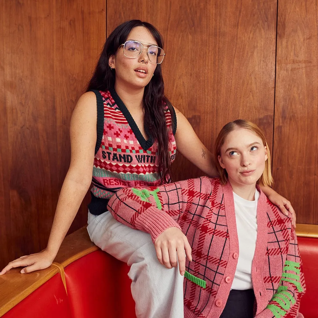 Feminist Killjoy Lambswool Cardigan in French Rose & Neon Green