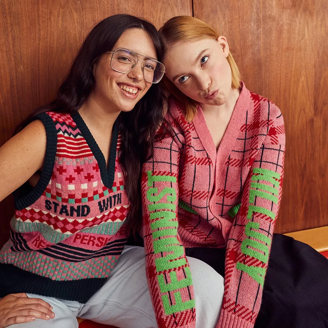 Feminist Killjoy Lambswool Cardigan in French Rose & Neon Green