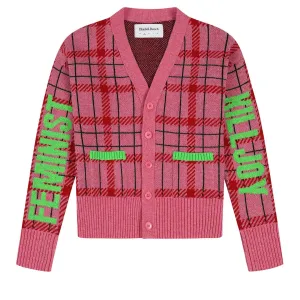 Feminist Killjoy Lambswool Cardigan in French Rose & Neon Green